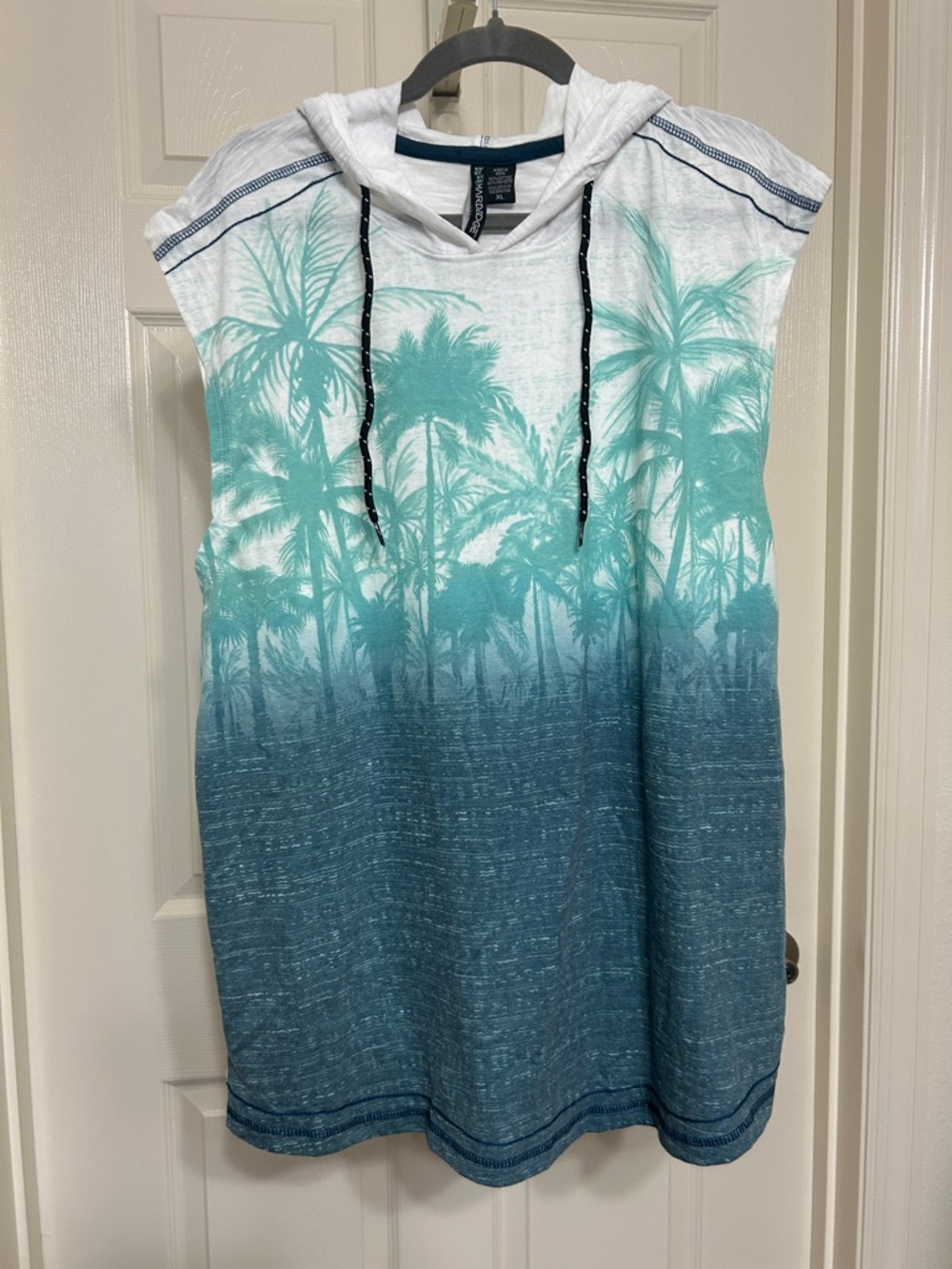 Hard Edge Hooded Muscle Tank Tropical Lightweight Palm Tree Print Teal Ombre XL